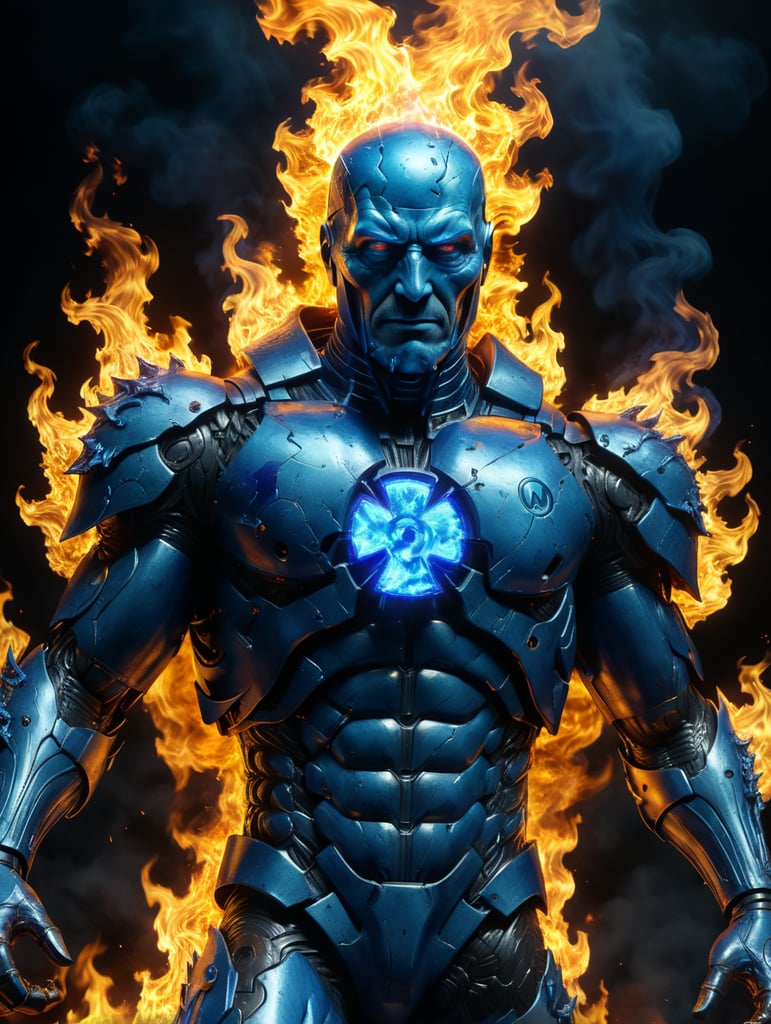 blue glowing radioactive man on fire
