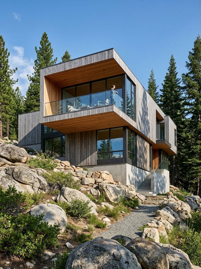 A modern geometric house clad in weathered gray timber rests on a steep hillside composed of large rounded boulders and green shrubs. The structure features a cantilevered upper volume with a glass balcony, warm wood soffits, and floor-to-ceiling windows. Tall coniferous trees frame the building under a clear blue sky. Low-angle daylight architectural photography captures crisp shadows.