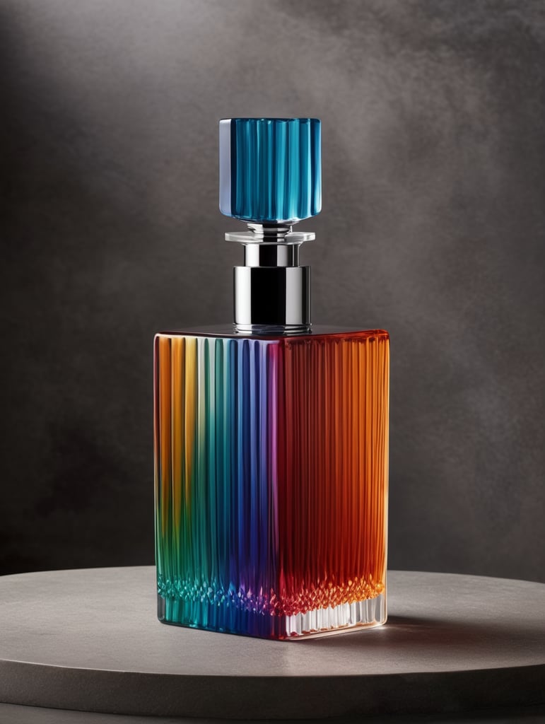 Very tall glass perfume bottle with close-knit horzontal texture inspired by the architecture of Luis Barragan and design of issey Miyake and vibrant, minimalist colors. A front view placed on a stone in a commercial photography design set