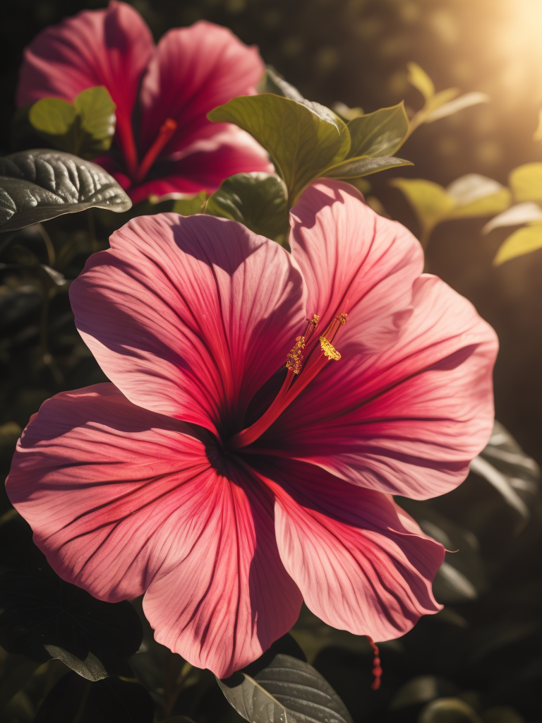 гибискус цветок розовый, в саду светит солнце