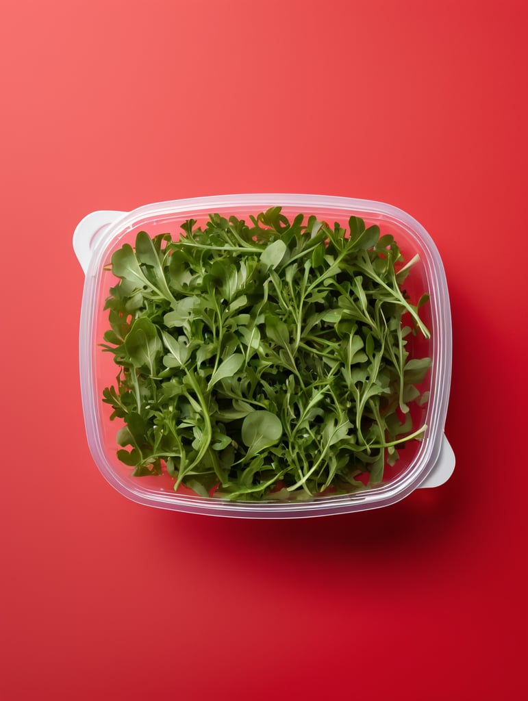 blank Transparent Plastic Container with Arugula Salad, isolated, red background, Mockup, mock up