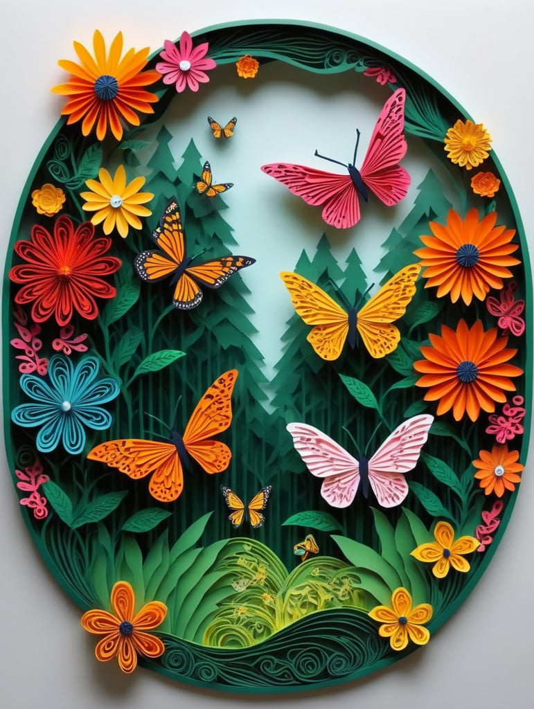 Papercut colorful nature with park and flower beauty butterfly
