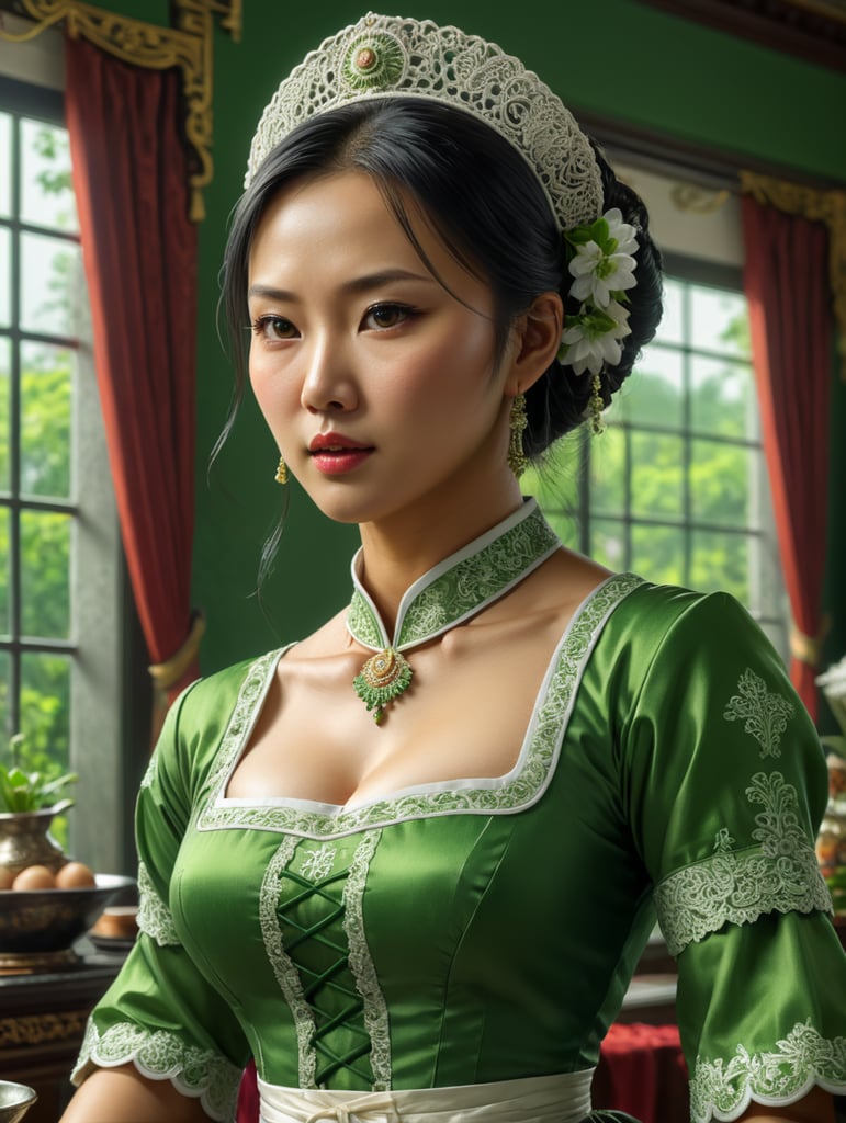 woman asian maids. green background.