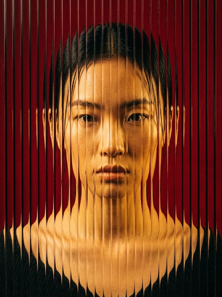 East Asian woman portrait seen through lenticular ribbed glass, dense vertical black distortion lines slicing across her features, intense neutral gaze, deep crimson red background, warm golden illuminated skin, bare collarbones, faint dark textured garment, centered symmetrical composition, high contrast optical illusion effect, avant-garde editorial photography