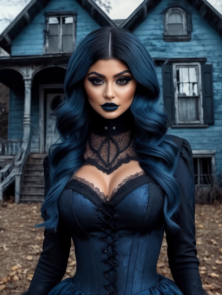 Kylie Jenner in a Halloween costume, scary makeup on her face, dark atmosphere, vintage style, blue and black colors, highly detailed photo, professional photo, against the backdrop of an old creepy house
