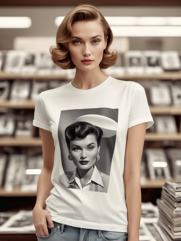 Extremely detailed photographic image, grained image, beautifully composed, monochrome image, 50's fashionable image, fashionable magazine photography, leica summicron 35mm f2.0, kodak 400tx, fashion photography, fashionable model, william s. burroughs, Woman wearing blank white T-Shirt in Clothing Store Mockup, mock up