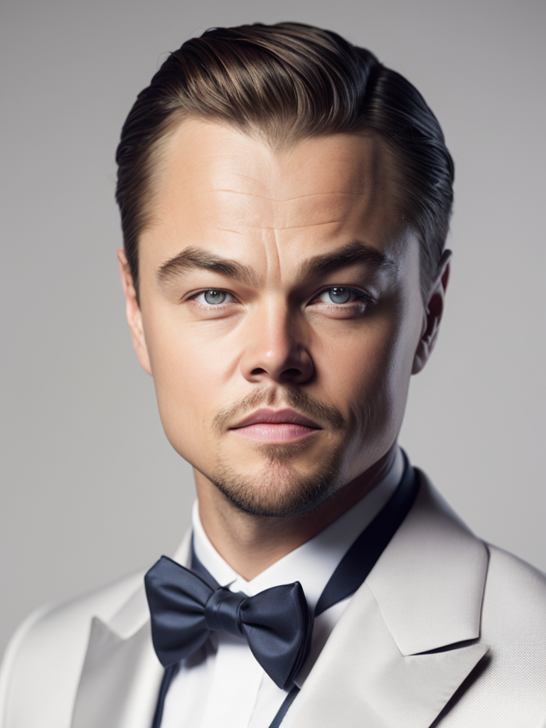 Portrait of Leonardo DiCaprio in a bow tie tuxedo, contrasting light, detailed face, muted tones
