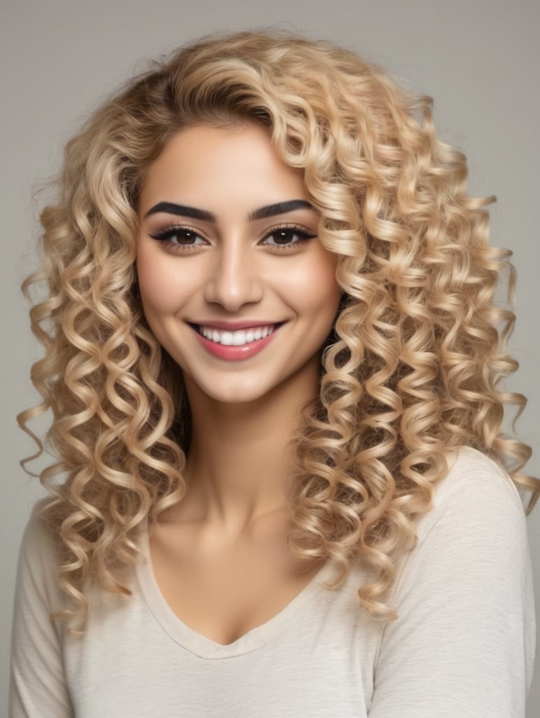 Young Iranian women, curly hair dyed blonde. Smiling.