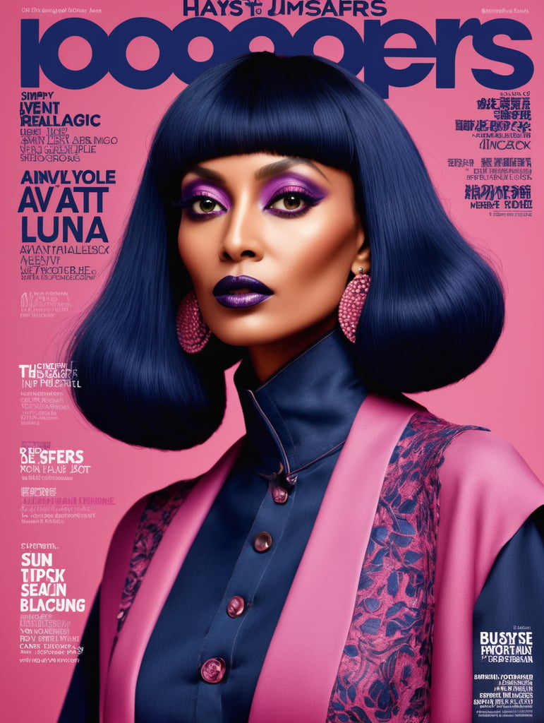 Donyale luna, avant-garde, simplygo, photoshoot spread, dressed in all indigo, pink background, harpers bizarre, cover, headshot, hyper realistic