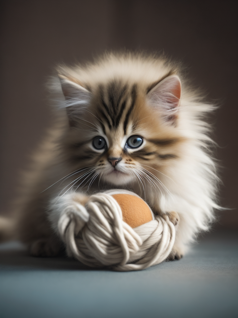 Create an adorable, fluffy kitten playing with a ball of yarn