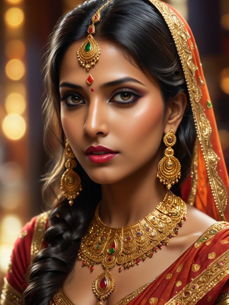 Indian Tamil girl, rich beautiful sari, bright makeup, golden jewelry, casino