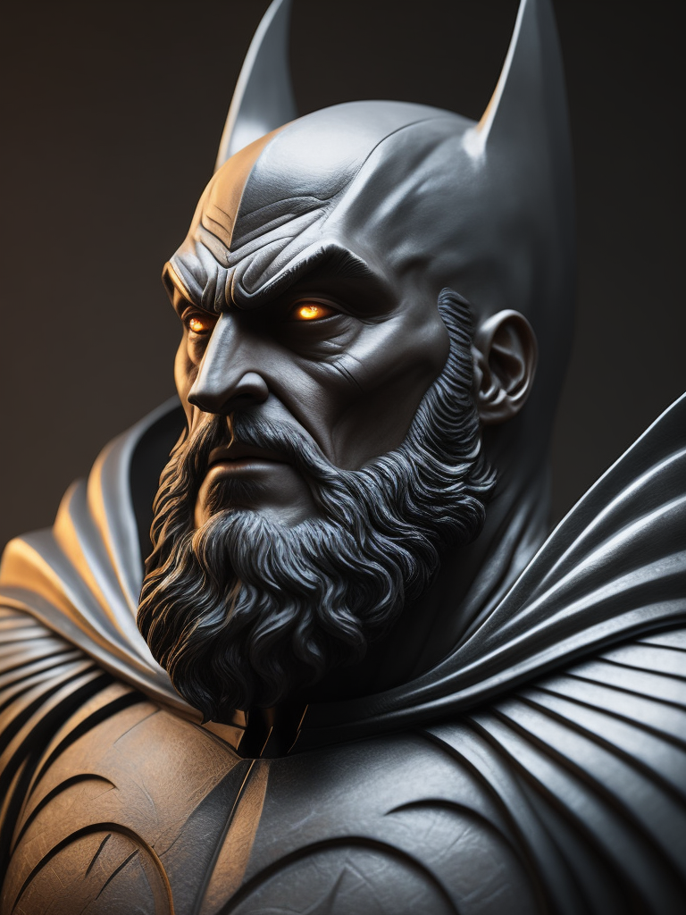 batman bust, with big beard, in marble statue style, dramatic lighting