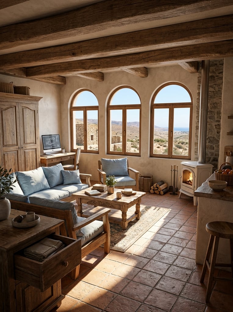rustic sunlit living space, wooden beamed ceiling, tiled floor, bright warm sunlight streaming through three arched windows, long distinct shadows across tiles, wooden seating with pale blue cushions, central wooden coffee table, open foreground drawer, wooden wardrobe, desk with computer monitor, white wood-burning stove, kitchen counter with woven basket and wooden stool, arid landscape visible outside, 3D concept art rendering, warm earthy color palette, high contrast lighting