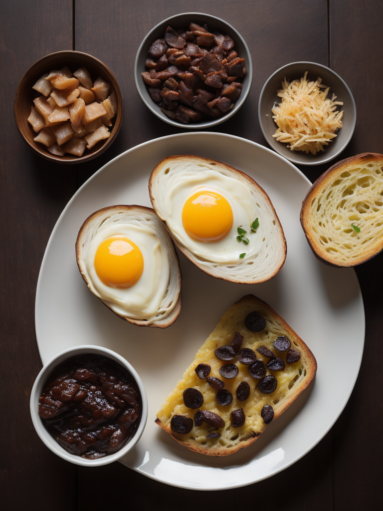 a product photo of fried eggs and bacon and hash browns and black pudding and mushrooms and toast, photorealistic, highly detailed, restaurant background, studio lighting, Canon 5D Mark iii, Canon 85mm prime lens