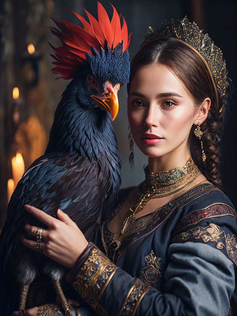 Portrait of a Beautiful women from Russian fairytale wearing traditional costume hugging a Rooster