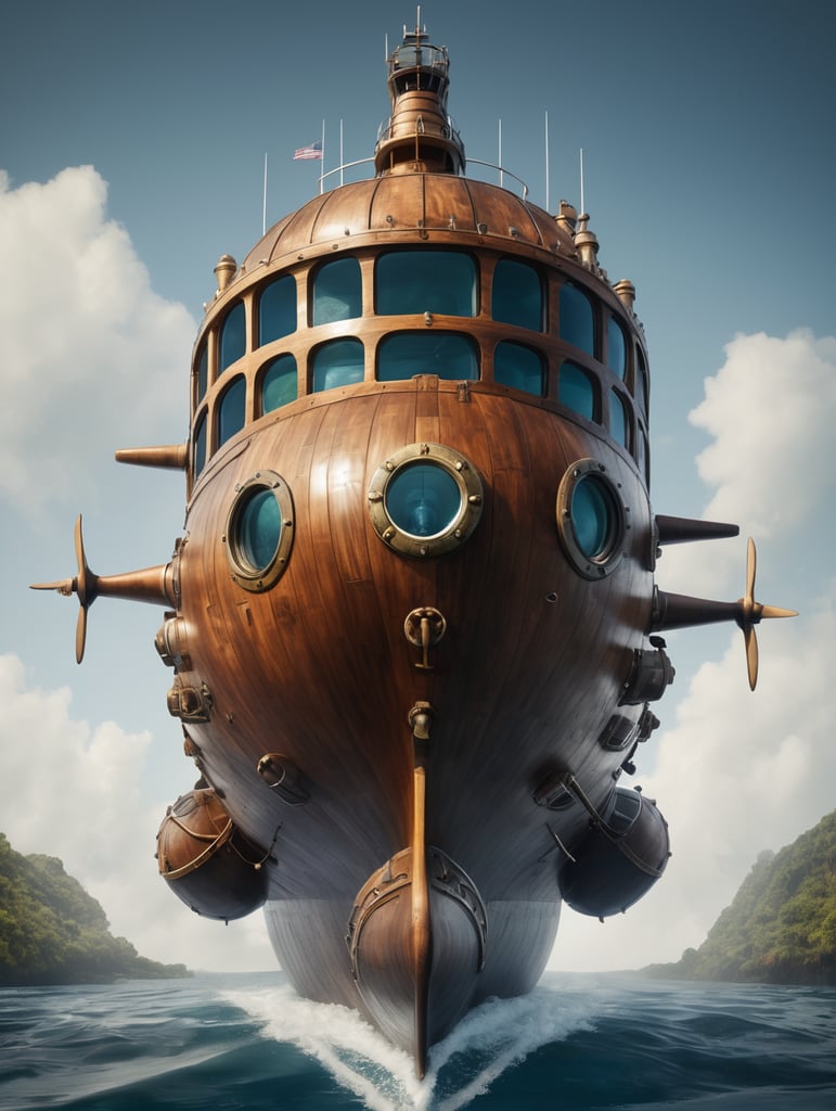 A giant's boot modified into a wooden submarine boot with a propeller on the back of the heel, a periscope, water tight, portholes. Epic composition. Highly detailed.