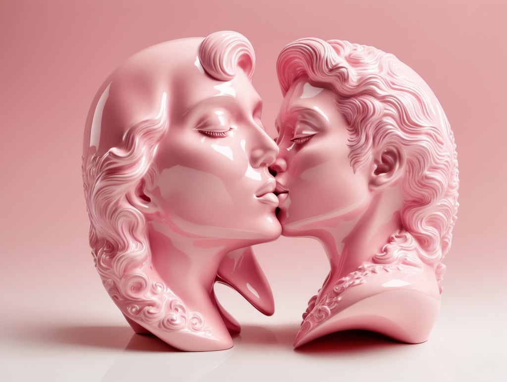 Kiss Art: Two pink glazed ceramic single color figures kissing each other, isolated, pink background