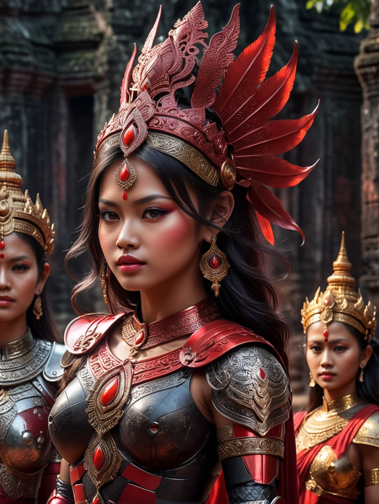 A young beautiful khmer girl in khmer traditional red armor and black hair against the backdrop of ANGKOR THOM temple in SIEM REAP in red-burgundy tones, blurred background, focus on the girl, detailed armor, Dramatic Lighting, Depth of field, Incredibly high detailed