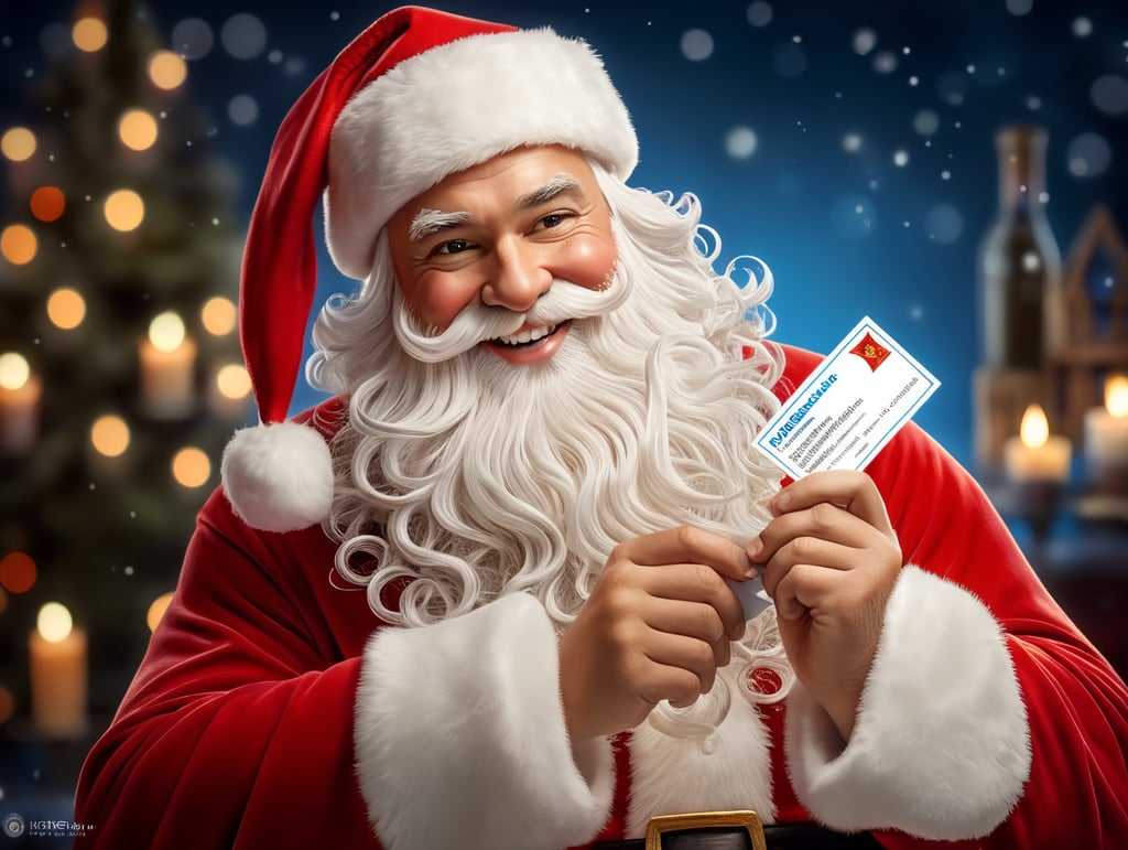 Portrait of Santa Claus smiling, White Background, holding a white business card, whimsical facial expression, flowing white beard, jolly caricature, saturated colors, red outfit, sharp focus, portrait photography, depth of field, dramatic candlelit lighting, incredibly high detailed, blue background, blurred background,