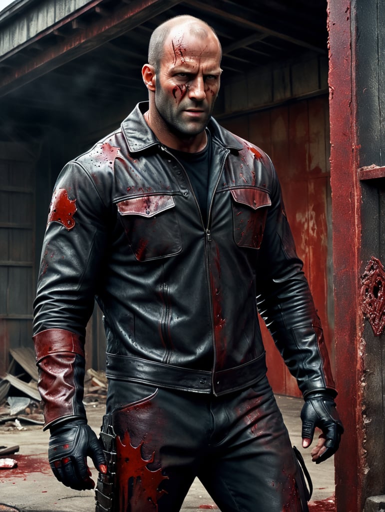 Jason Statham in a bloody leather face outfit with half the mask torn away standing in front of a haunted garage