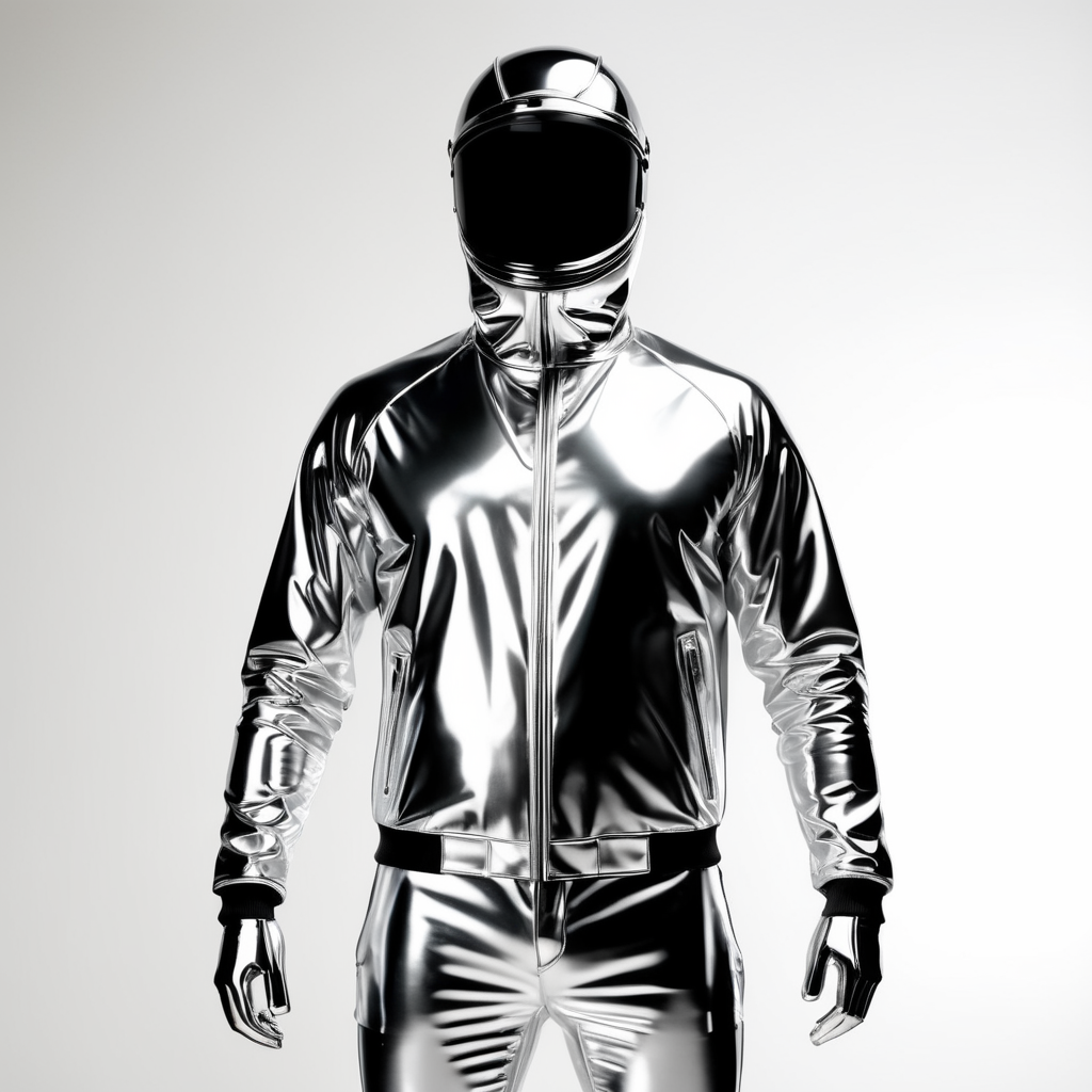 A realistic photo of a chrome shiny jacket on a invisible mannequin, coverall with reflective material, isolated, white background