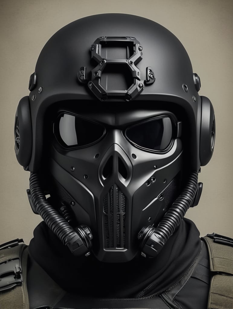 A military operative wearing a skull mask and a military tactical helmet with a hood attached and in black