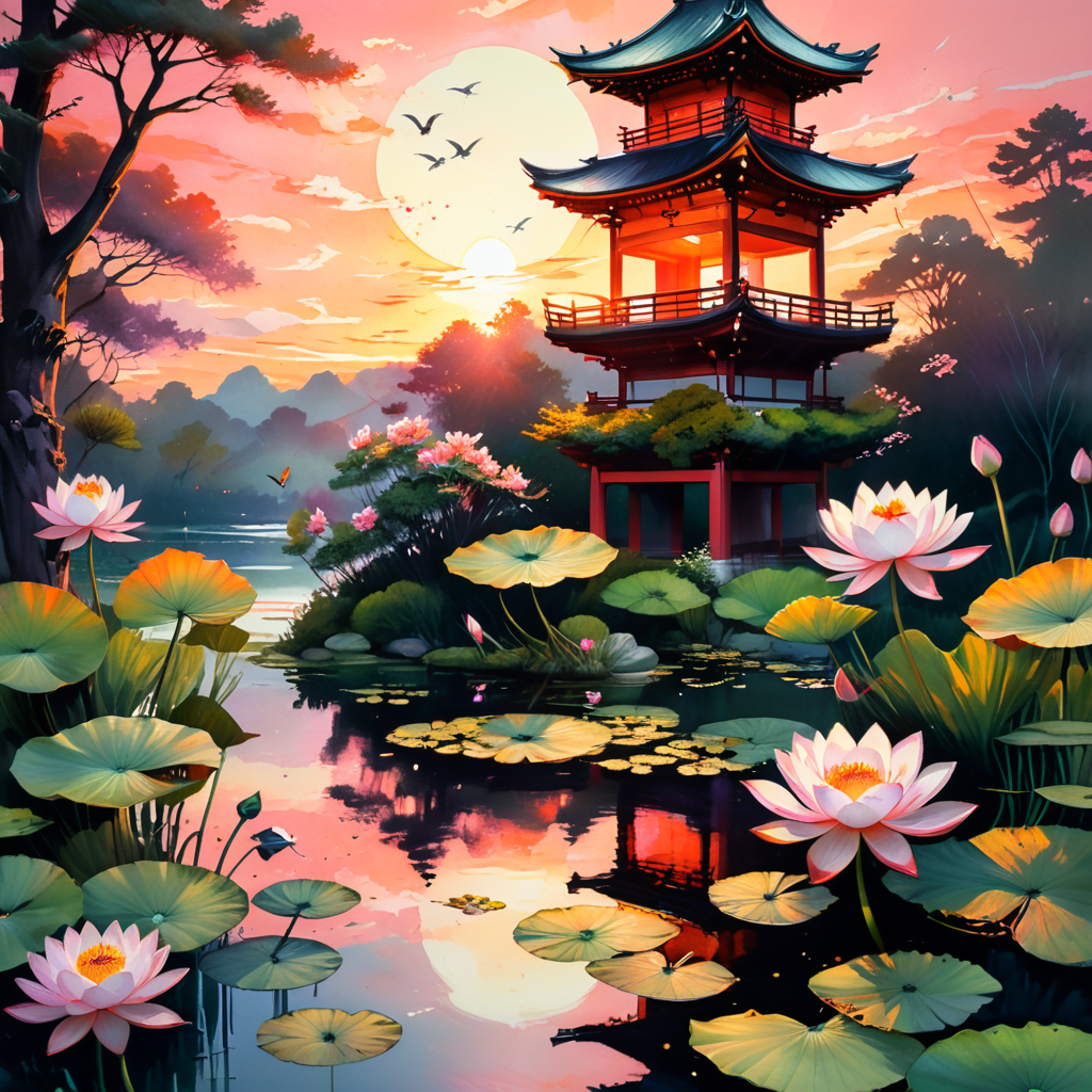 a Japanese watercolor painting of a pond, with light pink lotus flowers growing out of the pond, with white lotus flowers and lily pads growing on the surface of the water. Two dragonflies are flying over the pond and one dragonfly is settled on a lotus flower. A two-story red, white and black Japanese shrine in the background of the pond, with some birds flying near the roof of the shrine, and a beautiful pink and orange sunset on the horizon behind the shrine, with the reflection of the shrine, the sunset, dragonflies and birds on the surface of the pond water
