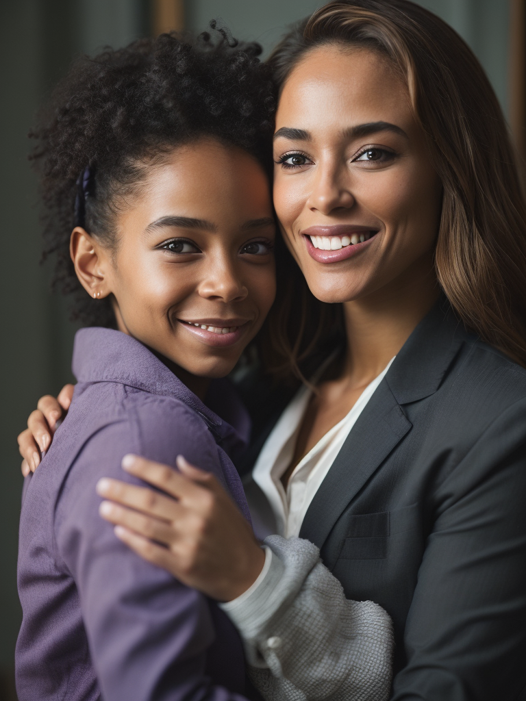 African-american woman smiling, hugging granddaughter, highly detailed, sharp focus, dramatic lighting, depth of field, blurred light color background