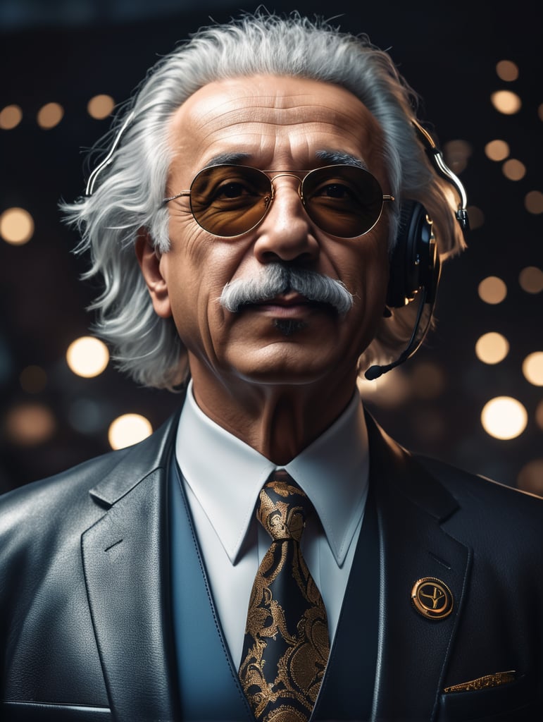 cinematic photo of Albert Einstein in DJ style. Dressed in a dark leather suit, rayban sunglasses perched on his nose, holding his headphone in his hand like a true boss. Money raining down around him, crisp dollar bills fluttering in the air. A sleek sports car in the background, doors open, ready to ride. Einstein's confident smirk, a swagger in his stance, the embodiment of intellectual cool and unapologetic brilliance. 35mm photograph, film, bokeh, professional, 4k, highly detailed, vibrant, stunningly beautiful, high contrast, ultra-modern