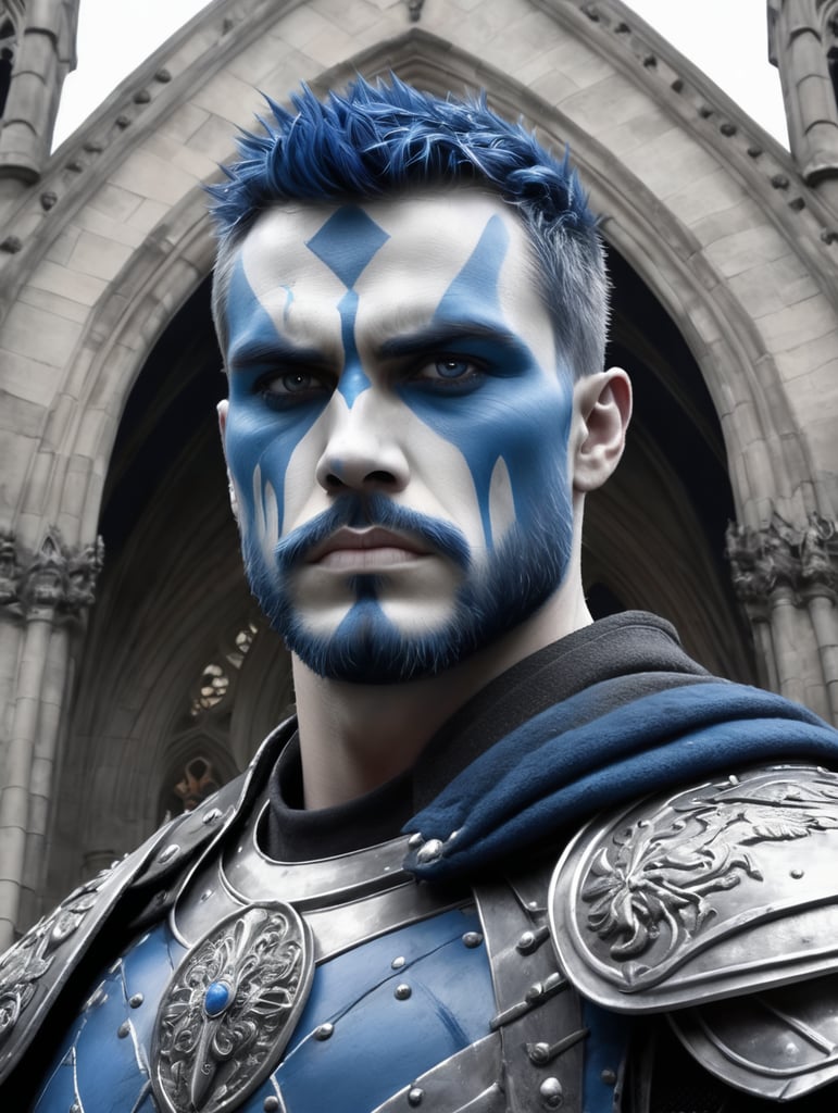 Scottish warrior with blue paint on the face, standing in front of the gothic church, hyper realistic, dramatic,dark white and silver,