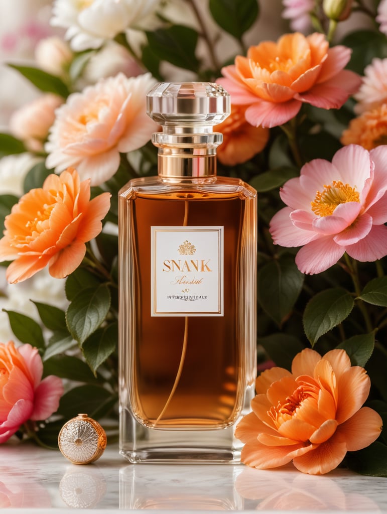 Luxury perfume bottle with blanc label, snak next to the bottle, floral background, pink and orange flowers