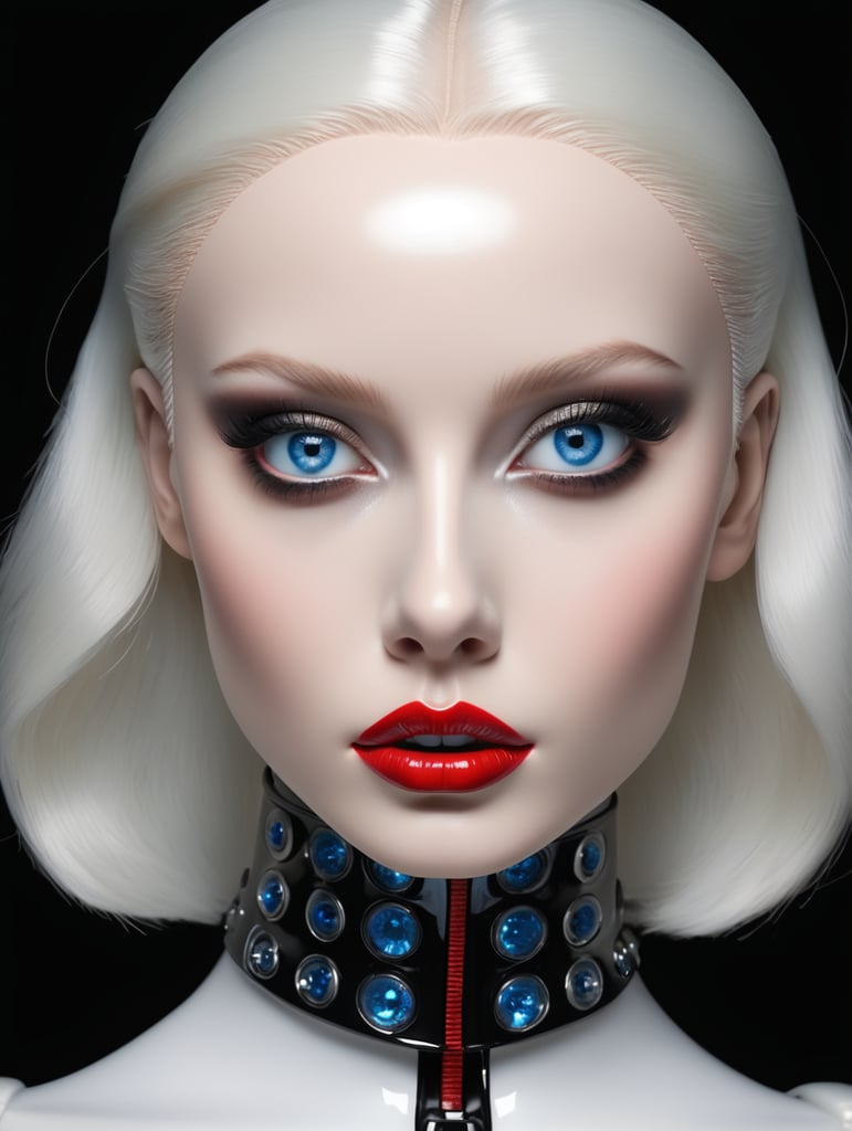 Full black glossy face of a pure white mannequin with open blue eyes, with a slight red reflex on the face, on a black background, bright colors, glossy highlights, professional shot, clear details, high detail, bright red lips