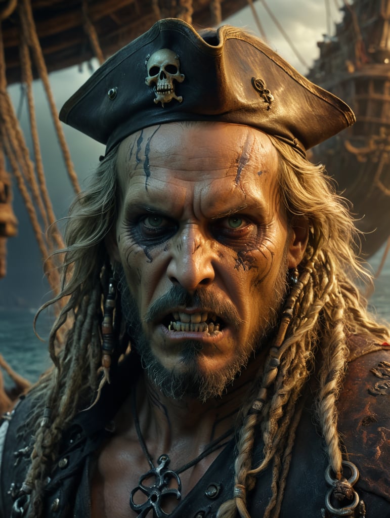 Photorealistic, close up, beautiful savage pirate facing the camera, fierce, half skulled decayed face, spooky, like a zombie, standing on an old ghostship ship,eerie, cruel, long wavy blond hair, fantasy, fluorescence,highly detailed, cursed, 8k, q2