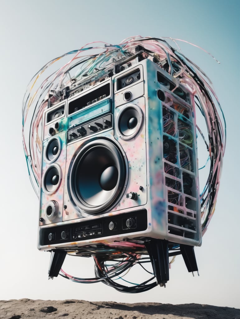 Pastel colors low-angle view shot photography of a emerged from spiral black ink splatters, flying huge 3d plexiglass multi cassette ghetto blaster robot body, full of cables and wires, with big boomers, 80 degree view