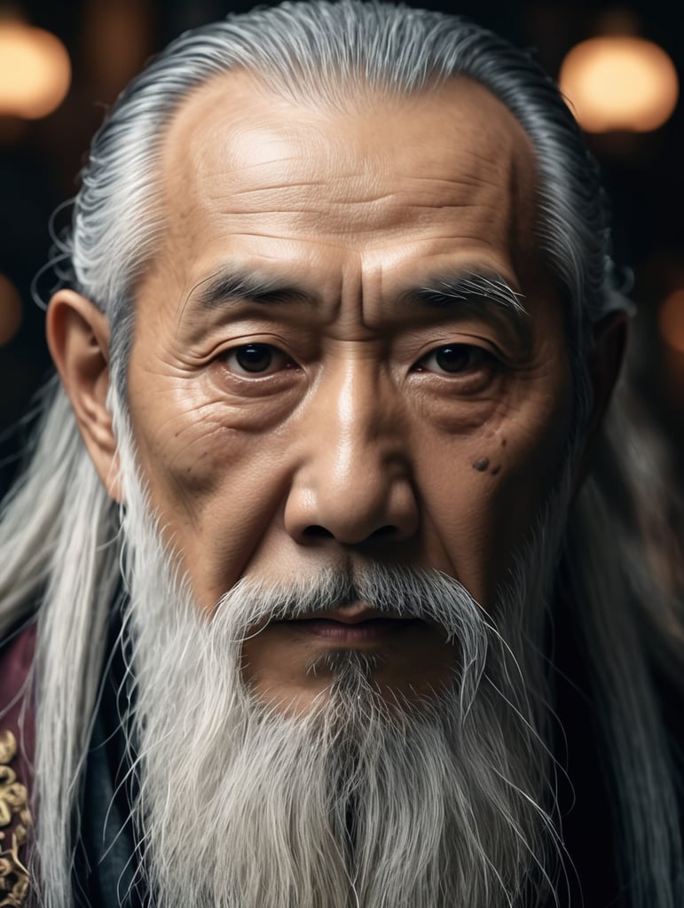 Wise old japanese man from tokyo with a long white beard, intricate, sharp focus, fantasy, cinematic lighting, other worldy, surreal 8k photo, dark moody aesthetic