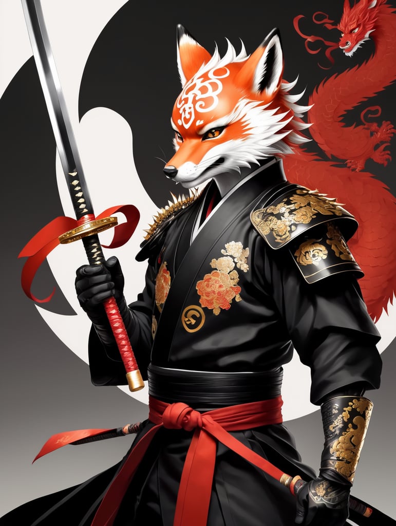 young fox, manga warrior, spiked hair, black kimono with golden dragons, twirling a samurai sword, dark background, manga style drawing, white black and red colors
