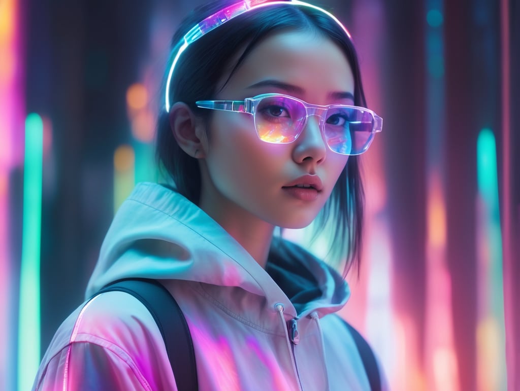 Ethereal glitchcore avatar, ghostly neon lights, transparent digital face, colorful broken static, futuristic spectral energy, vibrant holographic mist