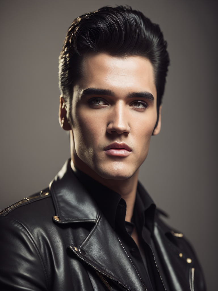 Portrait of Elvis Presley wearing a black leather jacket, studio photo, professional photo, Bright and rich colors, Detailed image, detailed face