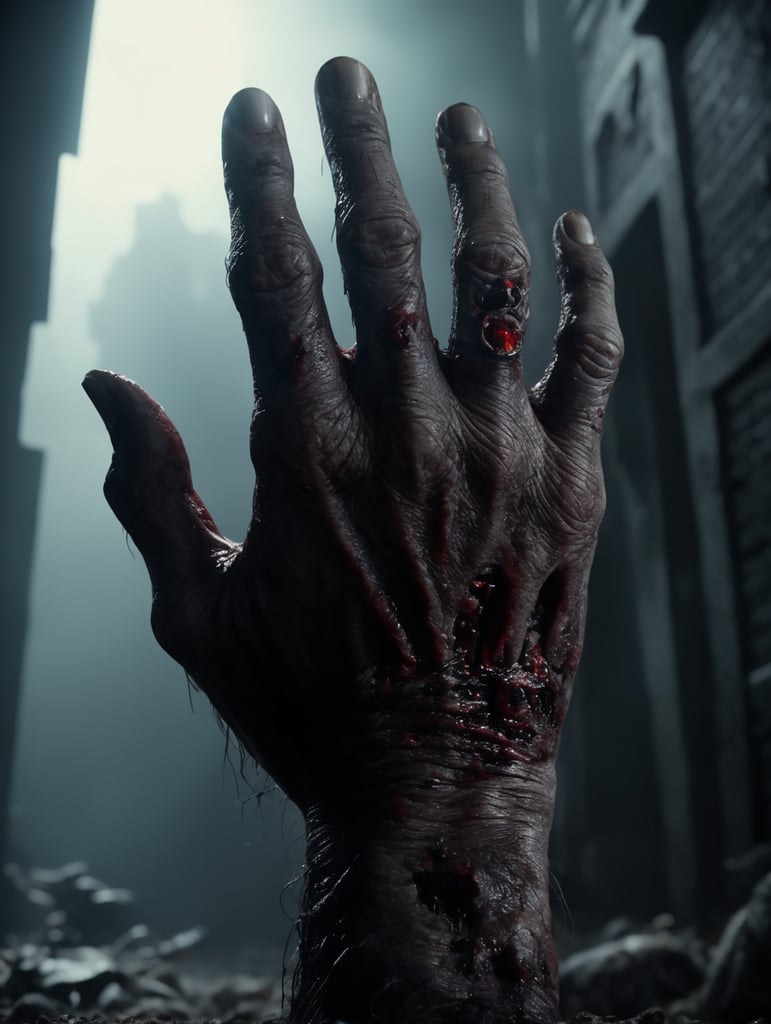 Zombie hand,horror,cinematic,Halloween,hyper realistic,4K,Refocus background,hand coming out from the ground.