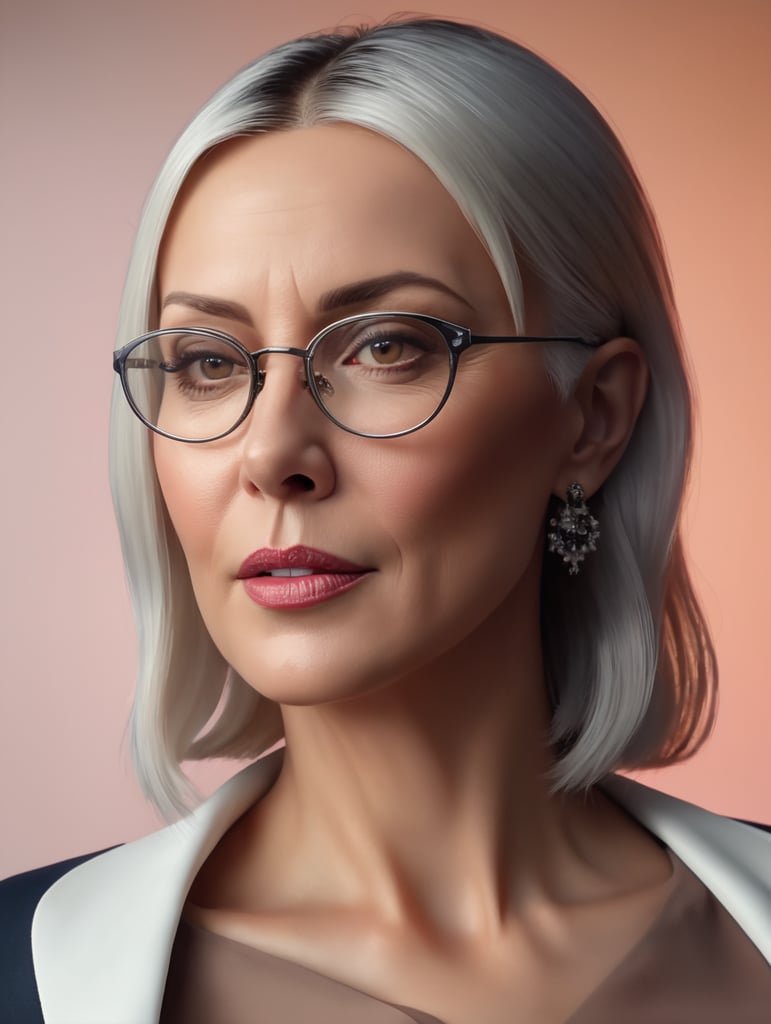 A portrait of a beautiful stylish older woman with white stylish short hair and big glasses, glamorous Hollywood portraits, highly realistic, daz3d, women designers, high resolution