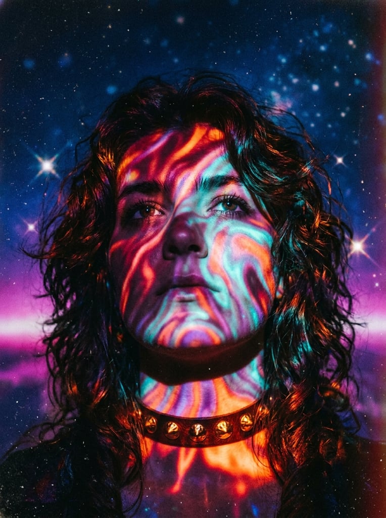 close-up portrait of a figure looking slightly upward, face enveloped in swirling iridescent liquid light patterns, vivid thermographic streaks of fiery orange, glowing cyan, and deep red, heavy shadows contrasting with luminous skin, thick dark wavy hair framing the face, gold studded choker necklace reflecting warm light, background gradient transitioning from a deep blue starry space to a vibrant magenta horizon, scattered sparkling stars with cross-flares, heavy vintage film grain texture, retro-futuristic surrealism, dramatic high-contrast lighting