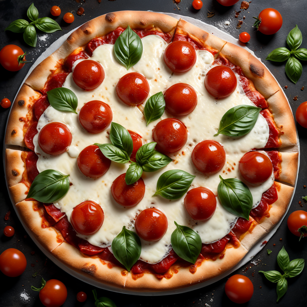 Photorealistic photo of a pizza, point of view from top, simple dressing, only 2 buffalo mozzarella slices, fresh basil, 5 small red cherry tomatoes