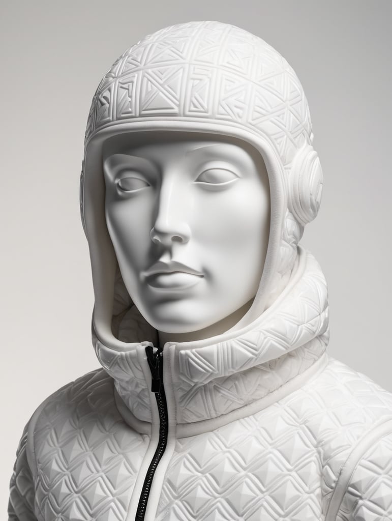 An ancient marble statue wears a modern puffer jacket of geometric pattern. Isolated black background.