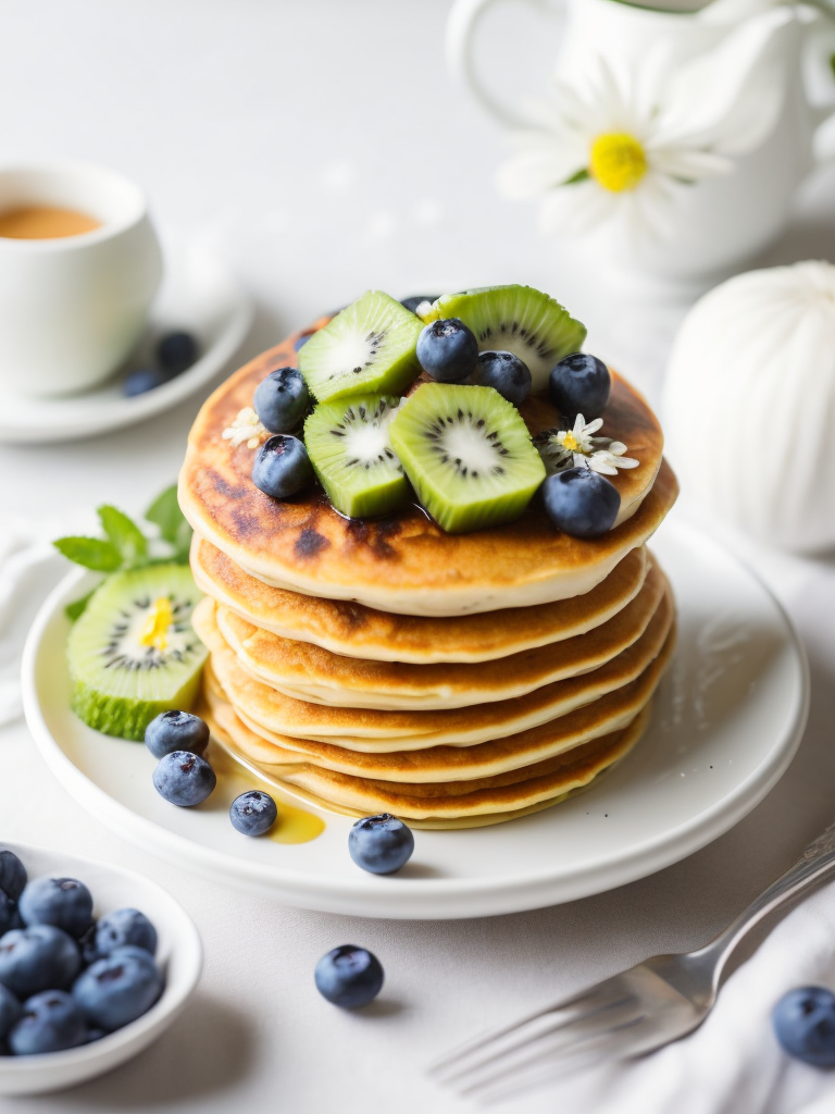 Pancakes with blueberry and kiwi decorated with chamomile flowers, bright atmosphere, Provence, Depth of field, Incredibly high detailed