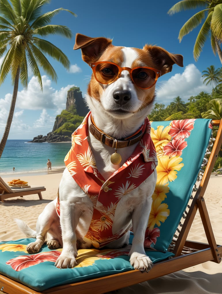 old jack russell laying on a sun bed on a caribbean beach with palm trees, wearing sunglasses and a hawaiian shirt, holding a pina colada