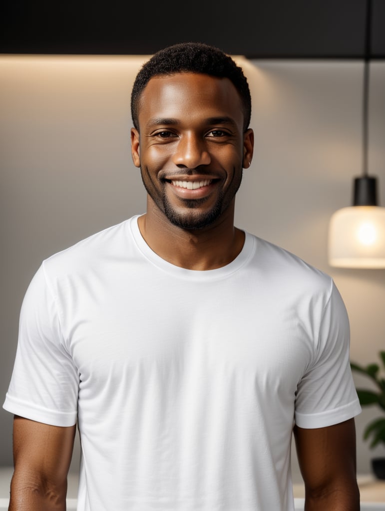 a black African man wearing white t-shirts, standing in front of black background, blank shirt no print, smiling, photo for apparel mock-up