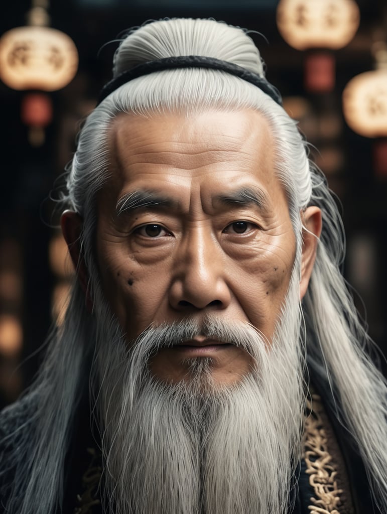 Wise old japanese man from tokyo with a long white beard, intricate, sharp focus, fantasy, cinematic lighting, other worldy, surreal 8k photo, dark moody aesthetic