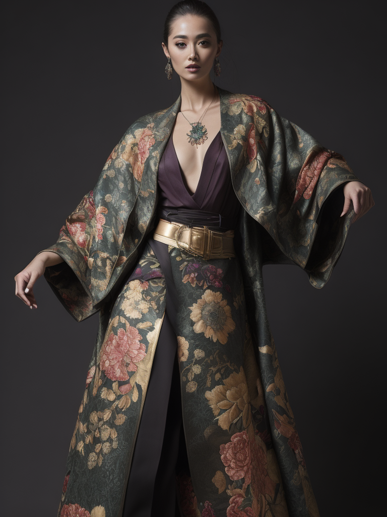 full body pose of a woman in a colorful, intricate, floral kimono, jewel tones, vibrant colors, action pose, details on sleeves and skirt, glamour pose, hyper-realist style :: hyper detailed, 8k, exquisite detail