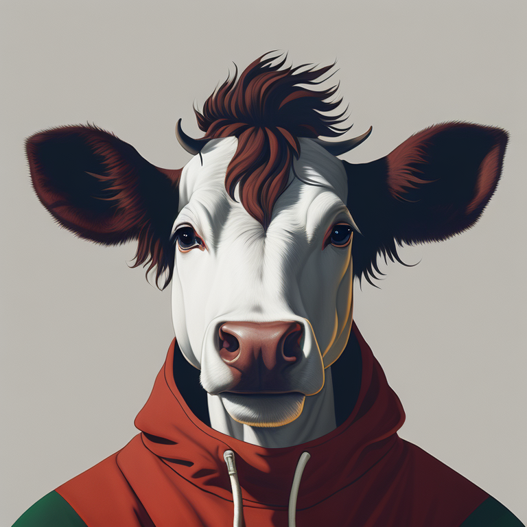 white cow , face smile,portrait, red hoodie, green mohawk, vintage, photorealistic illustration, vector, flat, isolated on white background, Painting, Oil, Still Life, Botanical, Italy, style of Giuseppe Arcimboldo