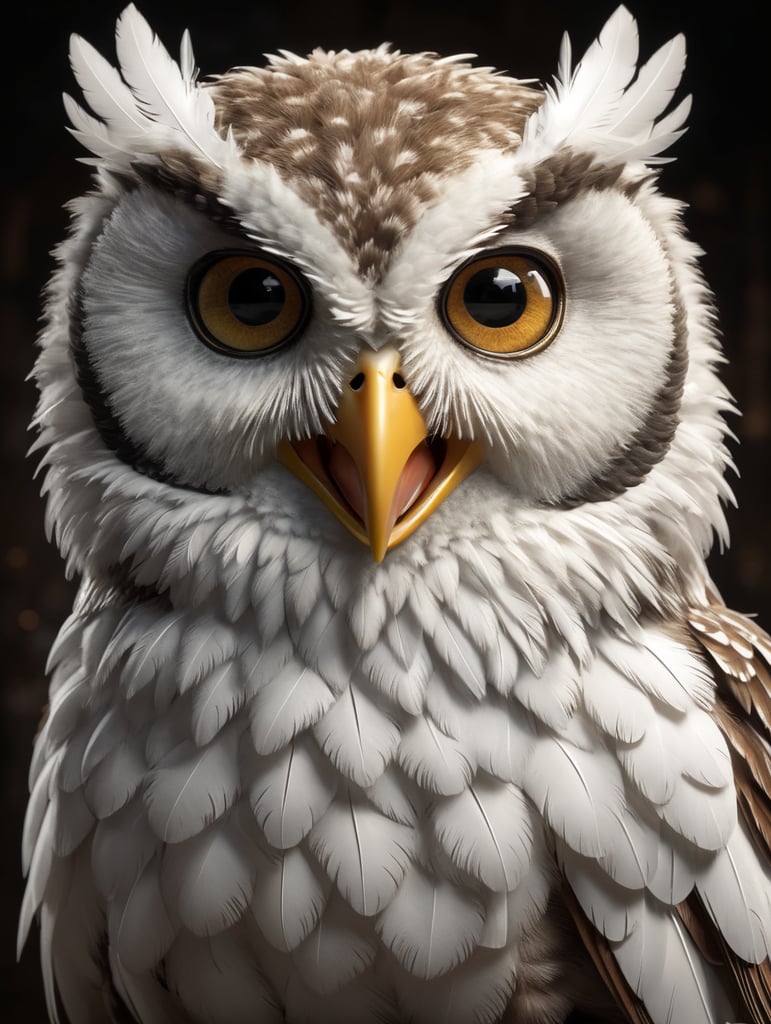 Create a cute and fluffy owl chick with cute eyes, and white feathers looking in front of the camera and smiling in 3d